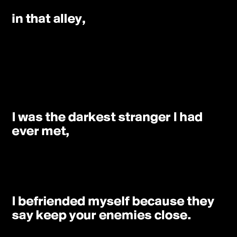 in that alley, 






I was the darkest stranger I had ever met,




I befriended myself because they say keep your enemies close.