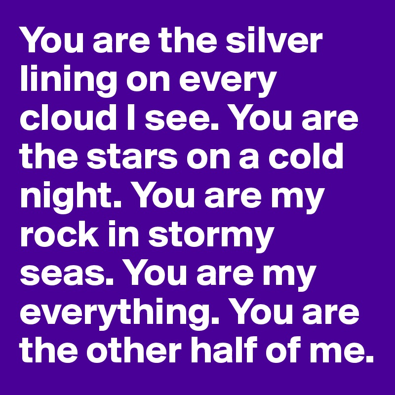 You are the silver lining on every cloud I see. You are the stars on a cold night. You are my rock in stormy seas. You are my everything. You are the other half of me. 