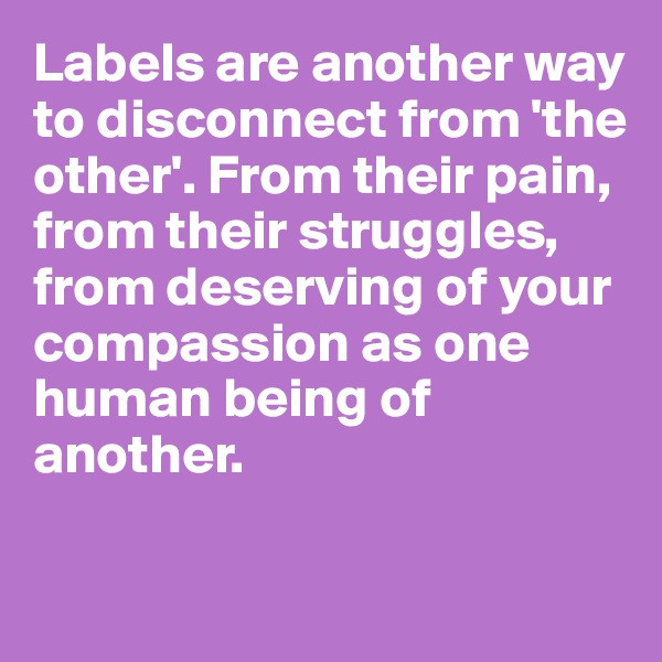 Labels are another way to disconnect from 'the other'. From their pain, from their struggles, from deserving of your compassion as one human being of another.

