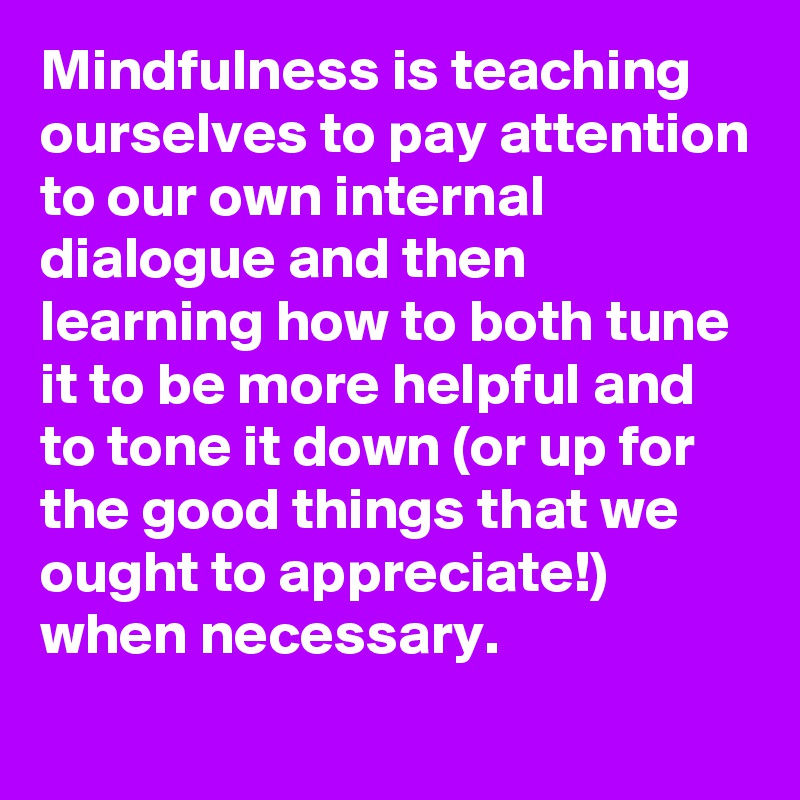 Mindfulness is teaching ourselves to pay attention to our own internal dialogue and then learning how to both tune it to be more helpful and to tone it down (or up for the good things that we ought to appreciate!) when necessary.