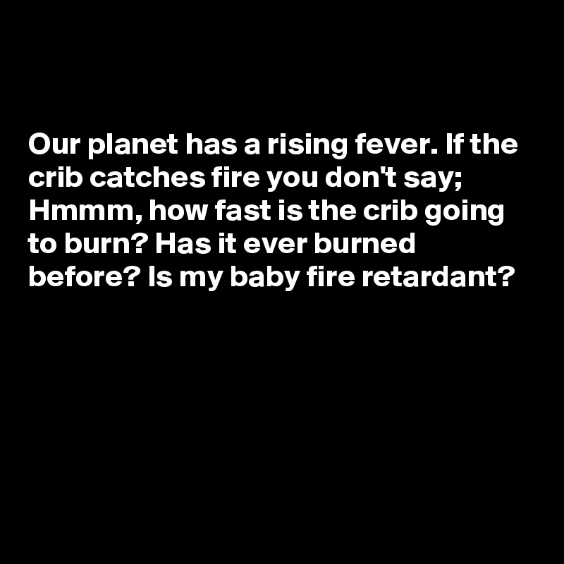 


Our planet has a rising fever. If the crib catches fire you don't say; Hmmm, how fast is the crib going to burn? Has it ever burned before? Is my baby fire retardant?
 




