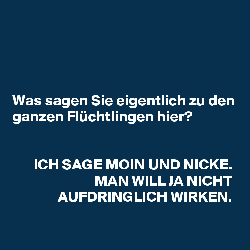 




Was sagen Sie eigentlich zu den ganzen Flüchtlingen hier?


       ICH SAGE MOIN UND NICKE.
                           MAN WILL JA NICHT
               AUFDRINGLICH WIRKEN.

