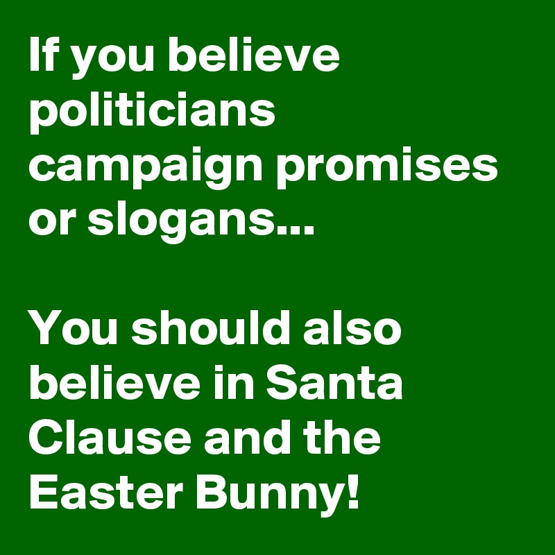 If you believe politicians campaign promises or slogans...

You should also believe in Santa Clause and the Easter Bunny!