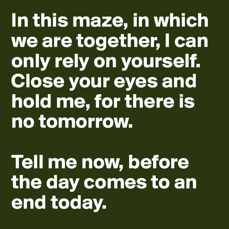 In this maze, in which we are together, I can only rely on yourself. Close your eyes and hold me, for there is no tomorrow. 

Tell me now, before the day comes to an end today.