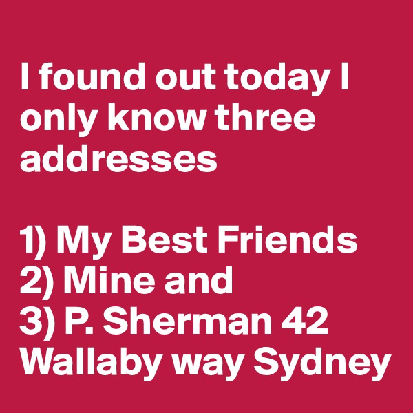 
I found out today I only know three addresses
 
1) My Best Friends 
2) Mine and 
3) P. Sherman 42 Wallaby way Sydney