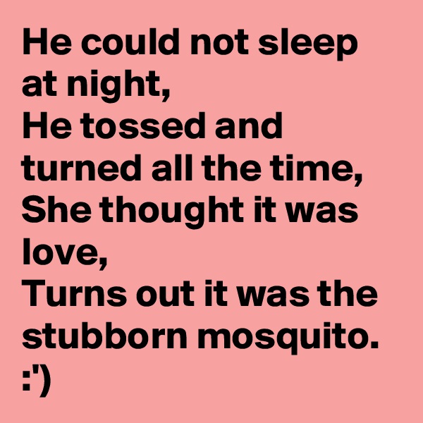 He could not sleep at night,
He tossed and turned all the time,
She thought it was love,
Turns out it was the stubborn mosquito.
:')