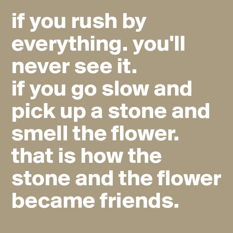 if you rush by everything. you'll never see it. 
if you go slow and pick up a stone and smell the flower. that is how the stone and the flower became friends. 