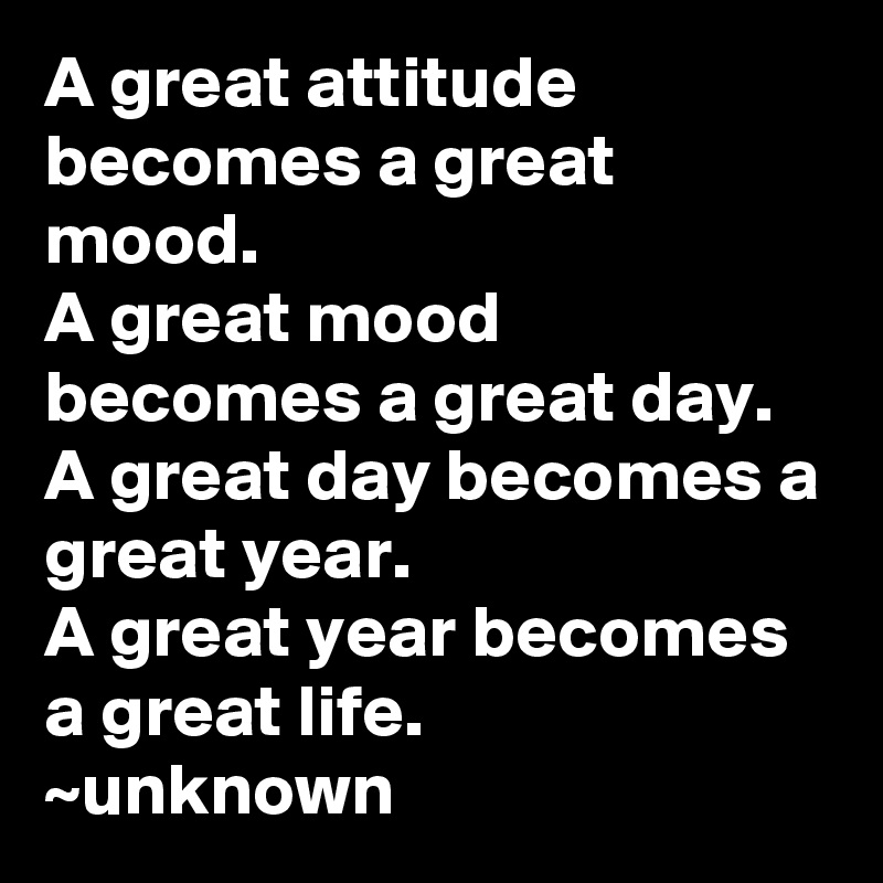 A great attitude becomes a great mood.  
A great mood becomes a great day.
A great day becomes a great year.  
A great year becomes a great life.
~unknown