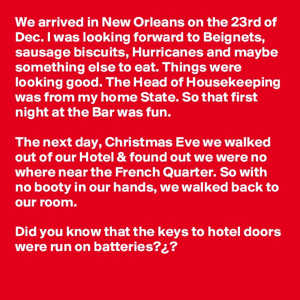We arrived in New Orleans on the 23rd of Dec. I was looking forward to Beignets, sausage biscuits, Hurricanes and maybe something else to eat. Things were looking good. The Head of Housekeeping was from my home State. So that first night at the Bar was fun.

The next day, Christmas Eve we walked out of our Hotel & found out we were no where near the French Quarter. So with no booty in our hands, we walked back to our room.

Did you know that the keys to hotel doors 
were run on batteries?¿?
