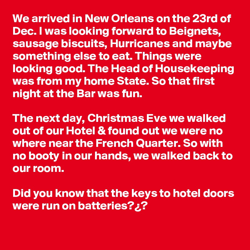 We arrived in New Orleans on the 23rd of Dec. I was looking forward to Beignets, sausage biscuits, Hurricanes and maybe something else to eat. Things were looking good. The Head of Housekeeping was from my home State. So that first night at the Bar was fun.

The next day, Christmas Eve we walked out of our Hotel & found out we were no where near the French Quarter. So with no booty in our hands, we walked back to our room.

Did you know that the keys to hotel doors 
were run on batteries?¿?
