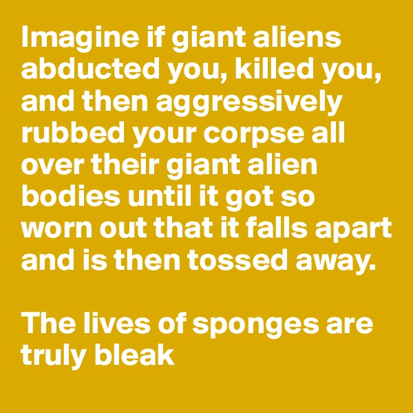 Imagine if giant aliens abducted you, killed you, and then aggressively rubbed your corpse all over their giant alien bodies until it got so worn out that it falls apart and is then tossed away. 

The lives of sponges are truly bleak