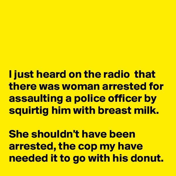 




I just heard on the radio  that there was woman arrested for assaulting a police officer by squirtig him with breast milk. 

She shouldn't have been arrested, the cop my have needed it to go with his donut.