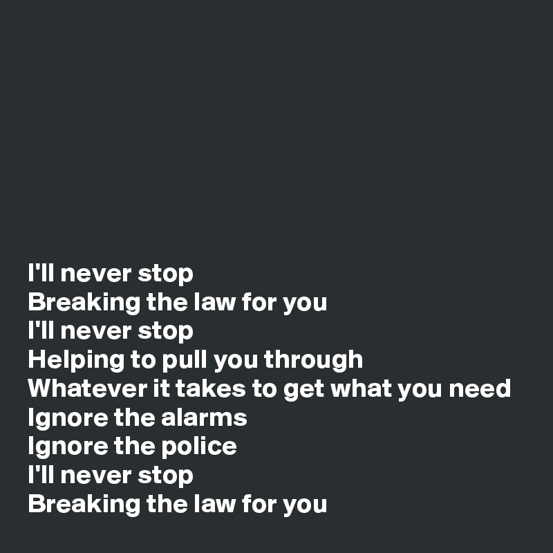 







I'll never stop
Breaking the law for you
I'll never stop
Helping to pull you through
Whatever it takes to get what you need
Ignore the alarms
Ignore the police
I'll never stop
Breaking the law for you