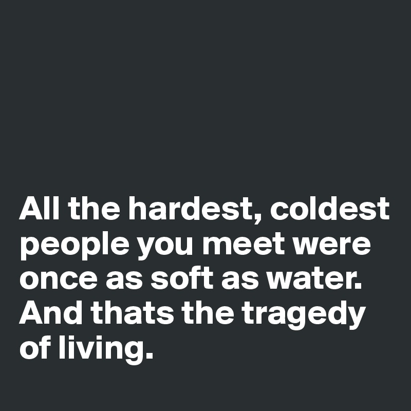




All the hardest, coldest people you meet were once as soft as water. And thats the tragedy of living.