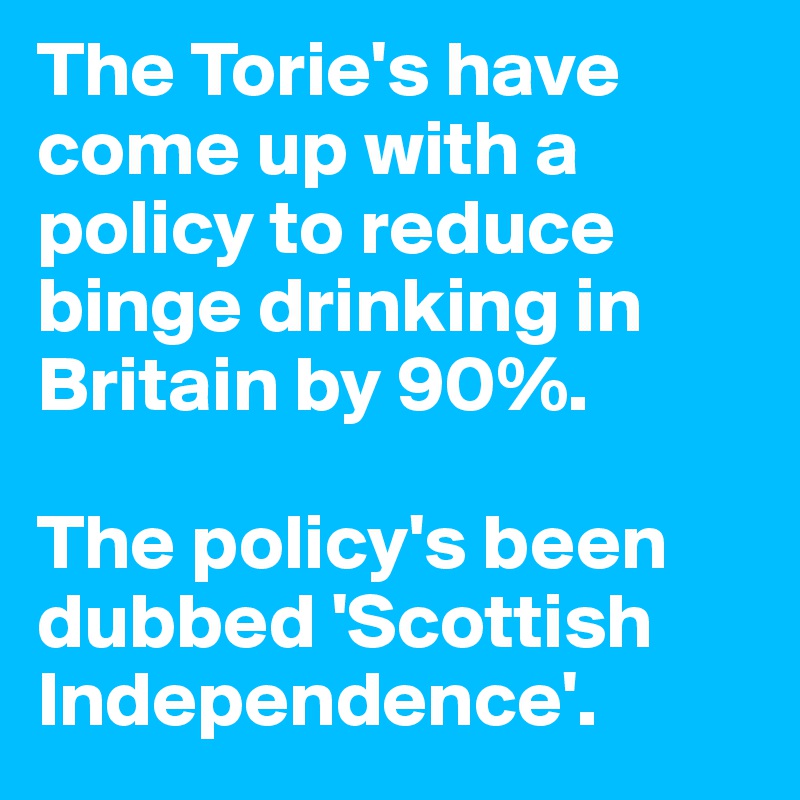 The Torie's have come up with a policy to reduce binge drinking in Britain by 90%. 

The policy's been dubbed 'Scottish Independence'. 