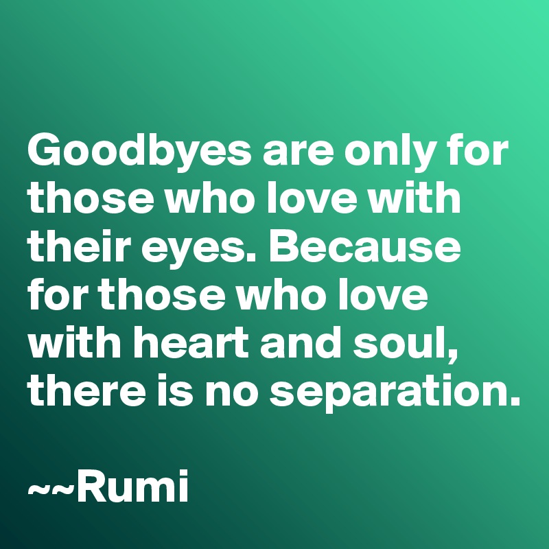 

Goodbyes are only for those who love with their eyes. Because for those who love with heart and soul, there is no separation. 

~~Rumi