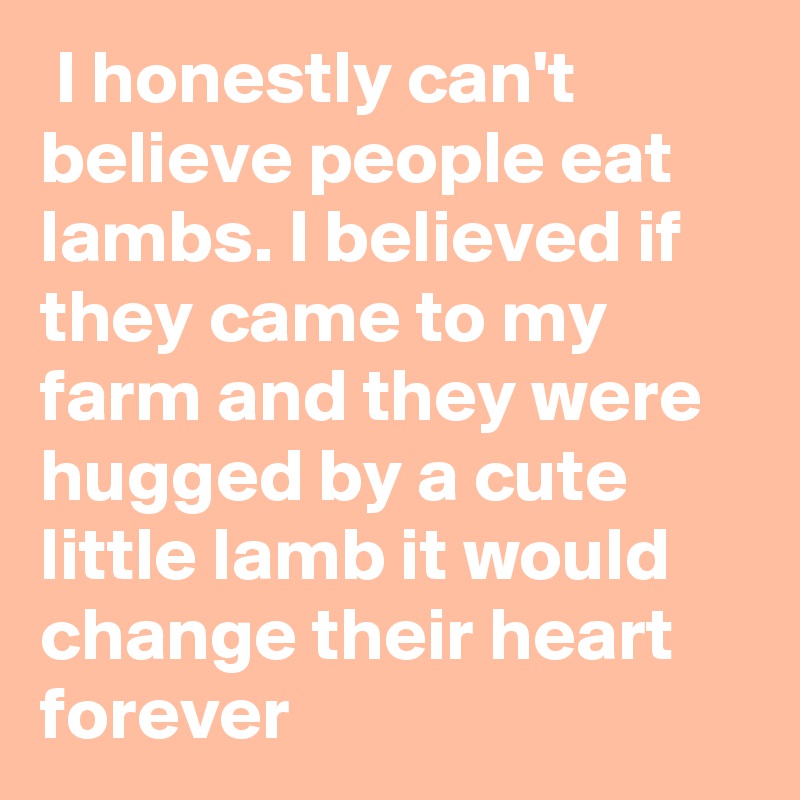  I honestly can't believe people eat lambs. I believed if they came to my farm and they were hugged by a cute little lamb it would change their heart forever