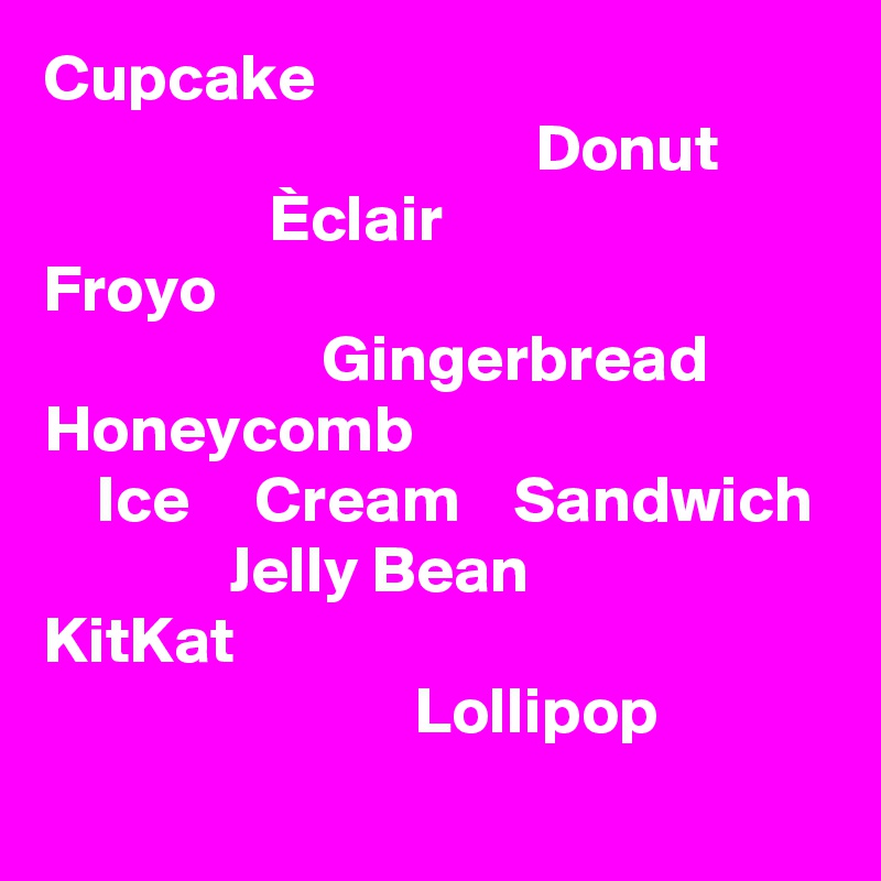 Cupcake
                                     Donut
                 Èclair
Froyo
                     Gingerbread
Honeycomb
    Ice     Cream    Sandwich
              Jelly Bean
KitKat
                            Lollipop

