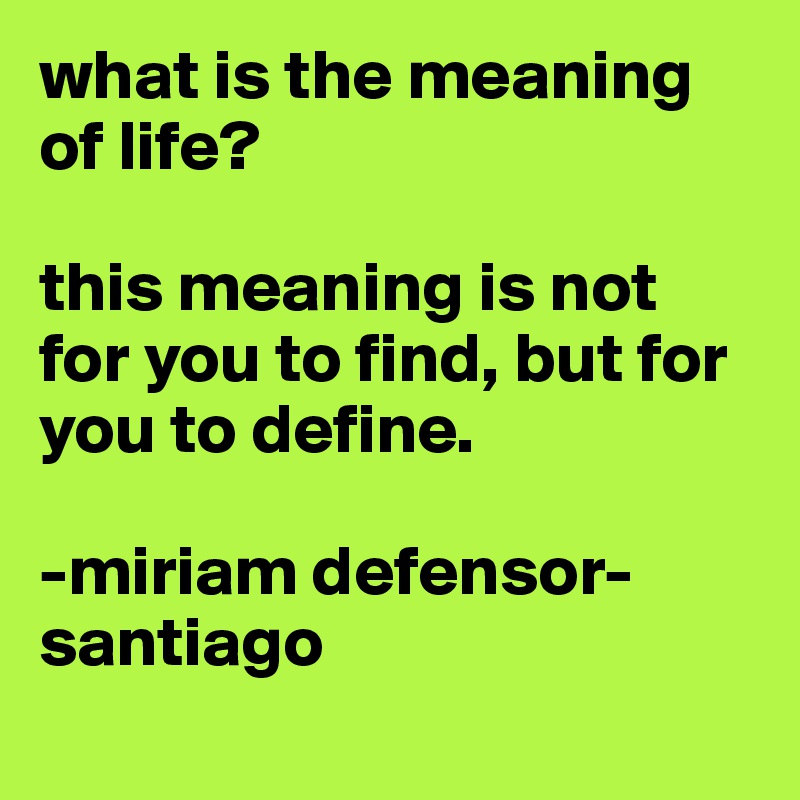 what is the meaning of life?

this meaning is not for you to find, but for you to define. 

-miriam defensor-santiago
