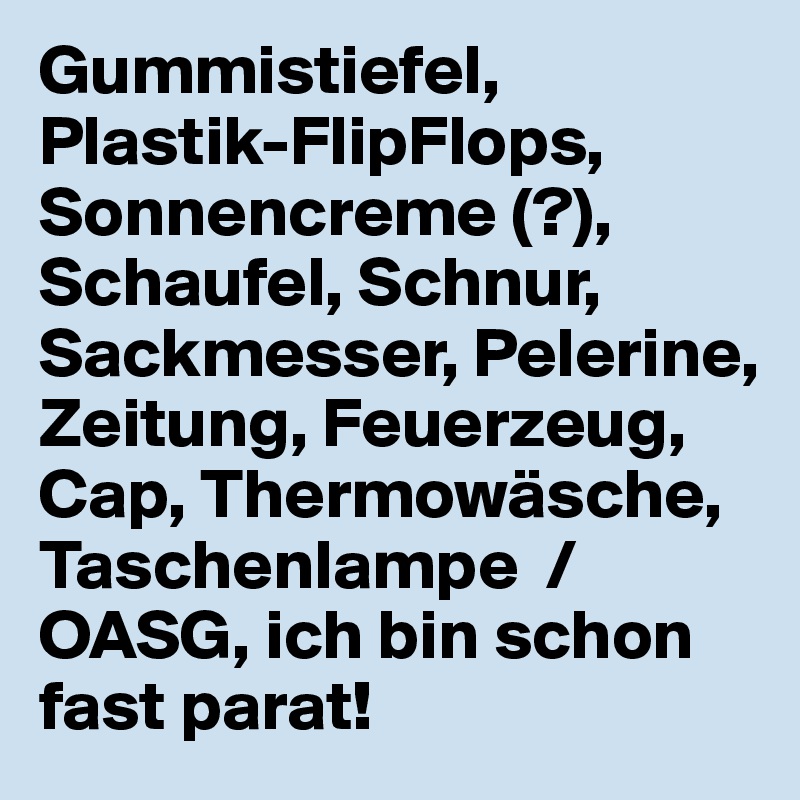 Gummistiefel, Plastik-FlipFlops, Sonnencreme (?),  Schaufel, Schnur, Sackmesser, Pelerine, Zeitung, Feuerzeug, Cap, Thermowäsche, Taschenlampe  /OASG, ich bin schon fast parat!