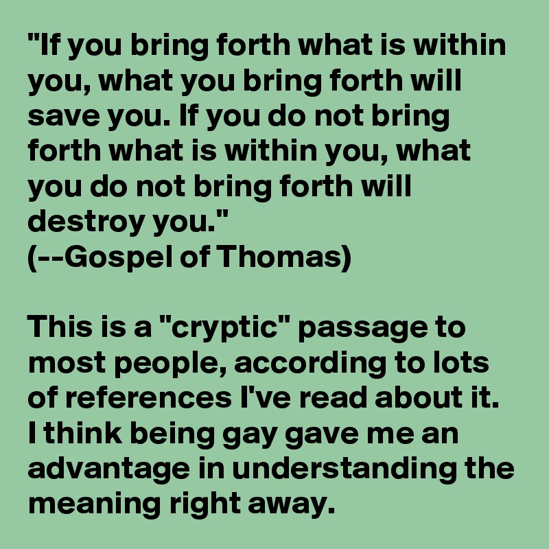 "If you bring forth what is within you, what you bring forth will save you. If you do not bring forth what is within you, what you do not bring forth will destroy you."
(--Gospel of Thomas)

This is a "cryptic" passage to most people, according to lots of references I've read about it. I think being gay gave me an advantage in understanding the meaning right away.