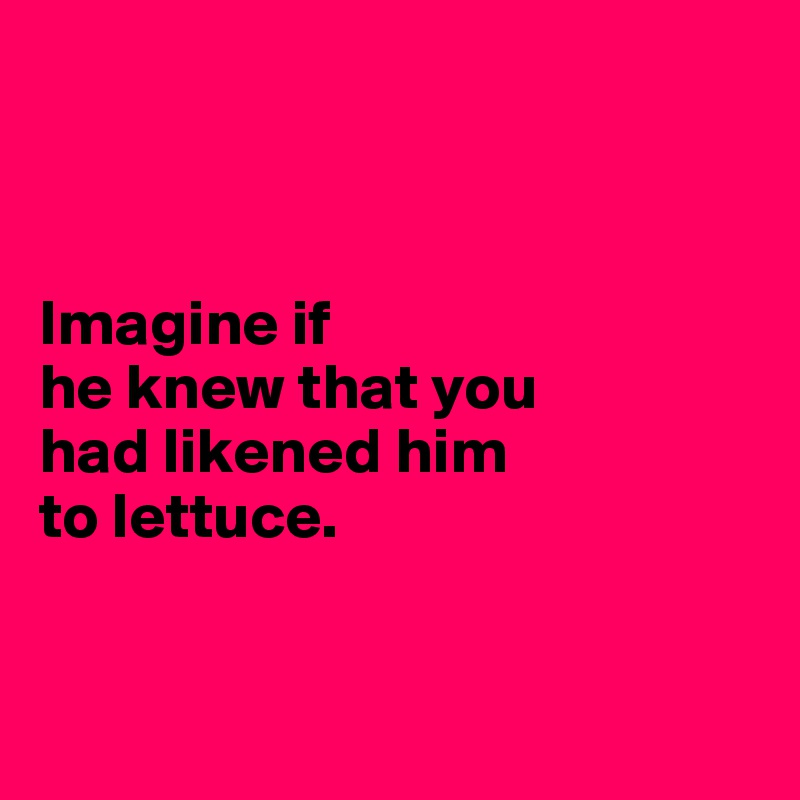 



Imagine if 
he knew that you 
had likened him 
to lettuce. 


