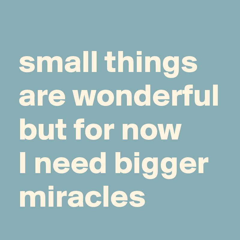 
 small things
 are wonderful
 but for now
 I need bigger
 miracles