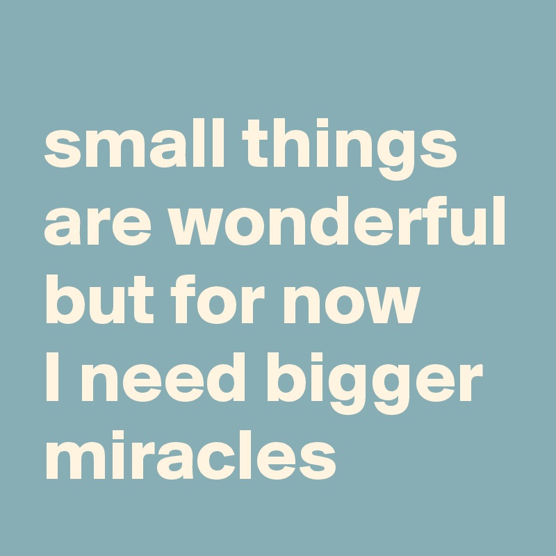 
 small things
 are wonderful
 but for now
 I need bigger
 miracles
