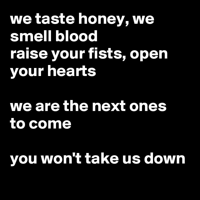 we taste honey, we smell blood
raise your fists, open your hearts

we are the next ones to come

you won't take us down

