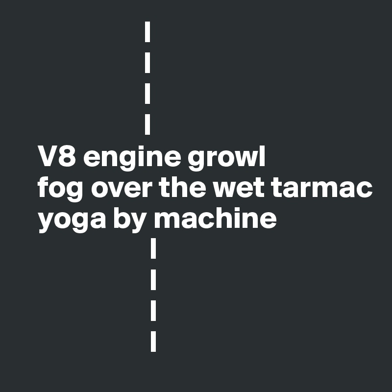                     I
                    I
                    I
                    I
   V8 engine growl
   fog over the wet tarmac
   yoga by machine
                     I
                     I
                     I
                     I
