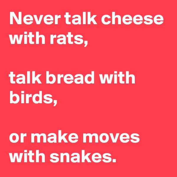 Never talk cheese with rats,

talk bread with birds,

or make moves with snakes.