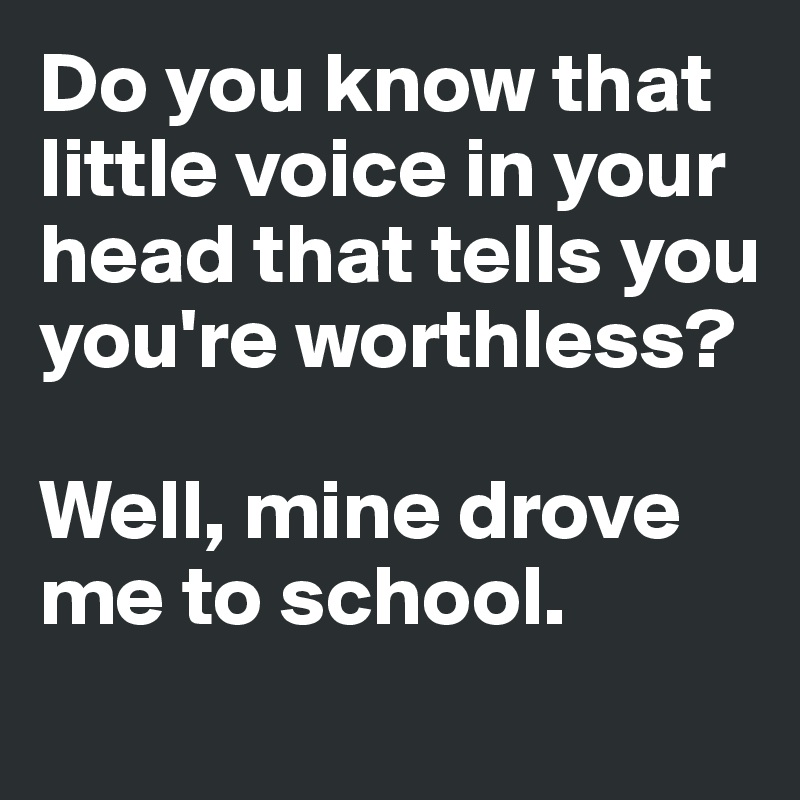 Do you know that little voice in your head that tells you you're worthless?

Well, mine drove 
me to school. 
