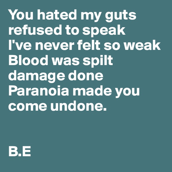 You hated my guts refused to speak
I've never felt so weak
Blood was spilt damage done
Paranoia made you come undone.


B.E