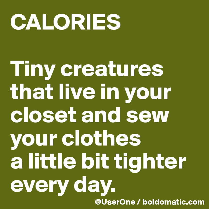 CALORIES

Tiny creatures that live in your closet and sew your clothes
a little bit tighter every day. 