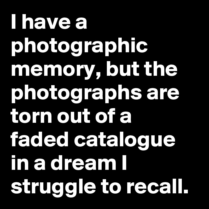 I have a photographic memory, but the photographs are torn out of a faded catalogue in a dream I struggle to recall. 