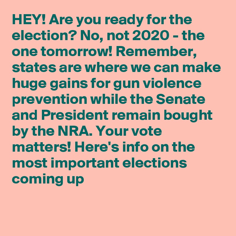 HEY! Are you ready for the election? No, not 2020 - the one tomorrow! Remember, states are where we can make huge gains for gun violence prevention while the Senate and President remain bought by the NRA. Your vote matters! Here's info on the most important elections coming up 