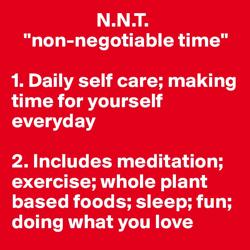                      N.N.T.
   "non-negotiable time"

1. Daily self care; making time for yourself everyday

2. Includes meditation; exercise; whole plant based foods; sleep; fun; doing what you love