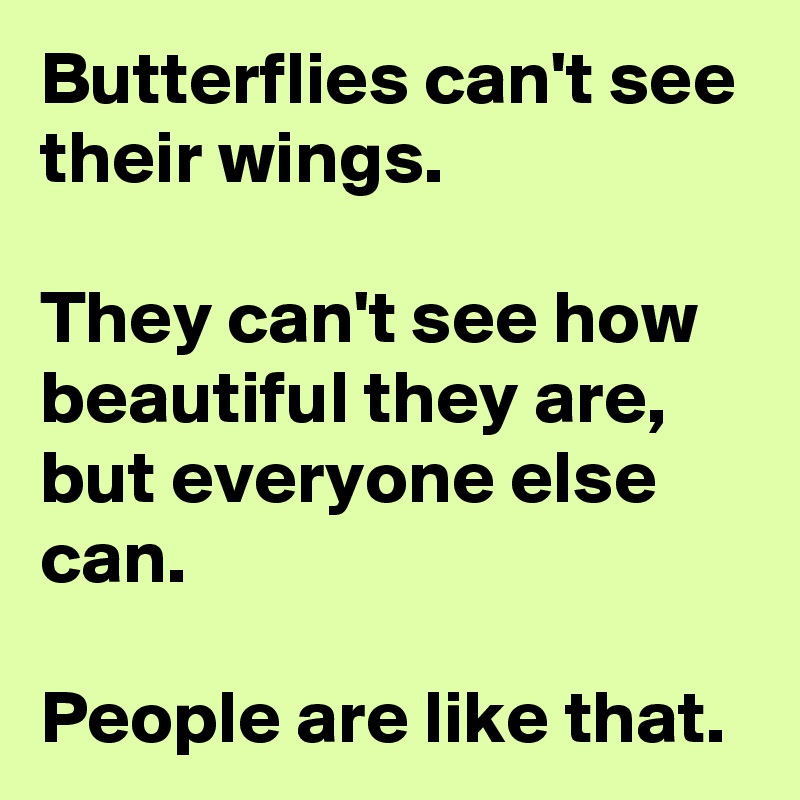 Butterflies can't see their wings.

They can't see how beautiful they are, but everyone else can.

People are like that.