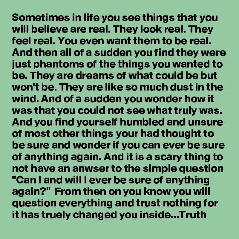 Sometimes in life you see things that you will believe are real. They look real. They feel real. You even want them to be real. And then all of a sudden you find they were just phantoms of the things you wanted to be. They are dreams of what could be but won't be. They are like so much dust in the wind. And of a sudden you wonder how it was that you could not see what truly was. And you find yourself humbled and unsure of most other things your had thought to be sure and wonder if you can ever be sure of anything again. And it is a scary thing to not have an anwser to the simple question "Can I and will I ever be sure of anything again?"  From then on you know you will question everything and trust nothing for it has truely changed you inside...Truth