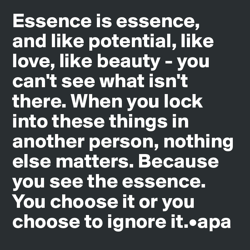 Essence is essence, and like potential, like love, like beauty - you can't see what isn't there. When you lock into these things in another person, nothing else matters. Because you see the essence. You choose it or you choose to ignore it.•apa