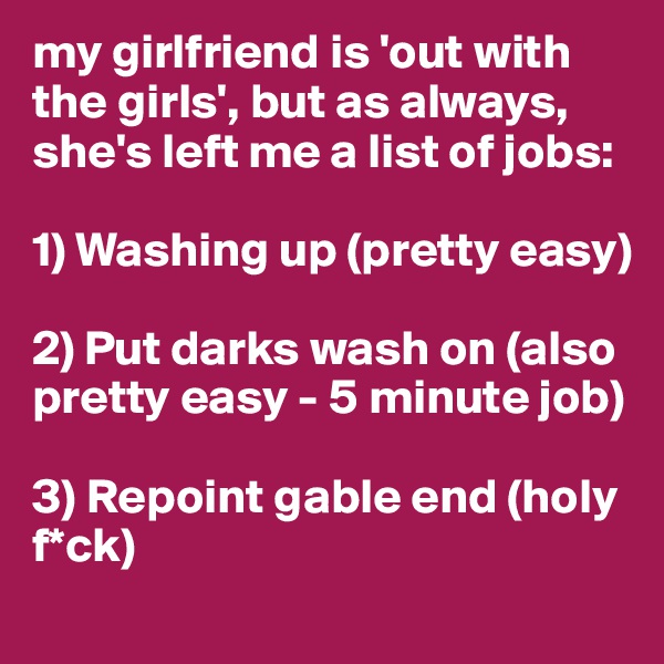 my girlfriend is 'out with the girls', but as always, she's left me a list of jobs:

1) Washing up (pretty easy)

2) Put darks wash on (also pretty easy - 5 minute job)

3) Repoint gable end (holy f*ck)