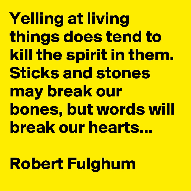 Yelling at living things does tend to kill the spirit in them. Sticks and stones may break our bones, but words will break our hearts...

Robert Fulghum