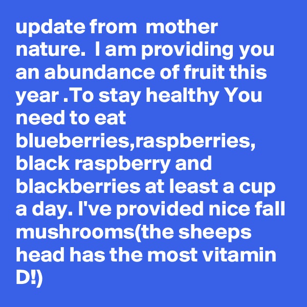 update from  mother nature.  I am providing you an abundance of fruit this year .To stay healthy You need to eat blueberries,raspberries, black raspberry and blackberries at least a cup a day. I've provided nice fall mushrooms(the sheeps head has the most vitamin D!)  