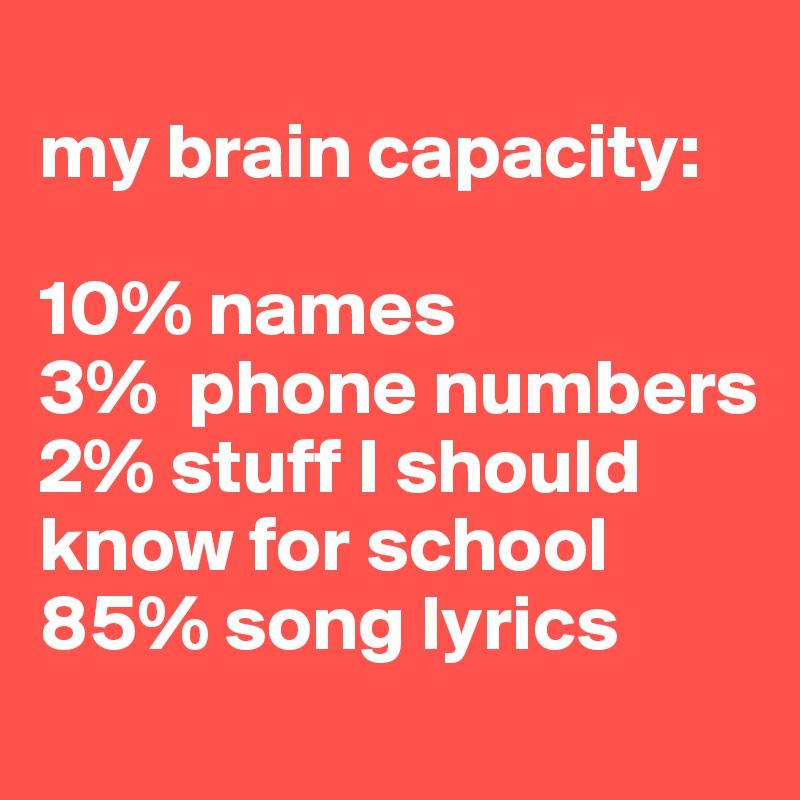 
my brain capacity:

10% names
3%  phone numbers
2% stuff I should know for school
85% song lyrics
