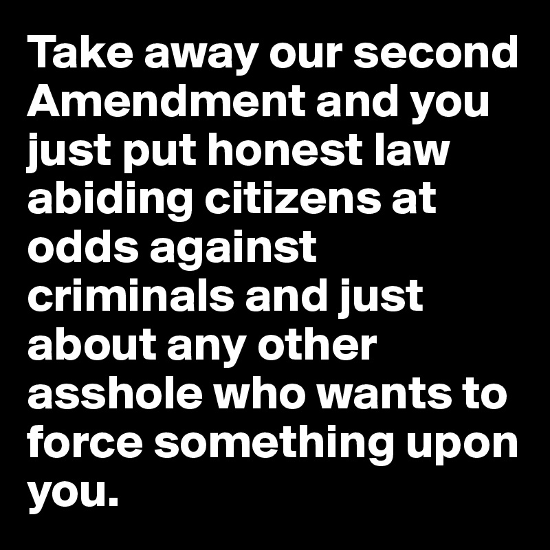 Take away our second Amendment and you just put honest law abiding citizens at odds against criminals and just about any other asshole who wants to force something upon you. 