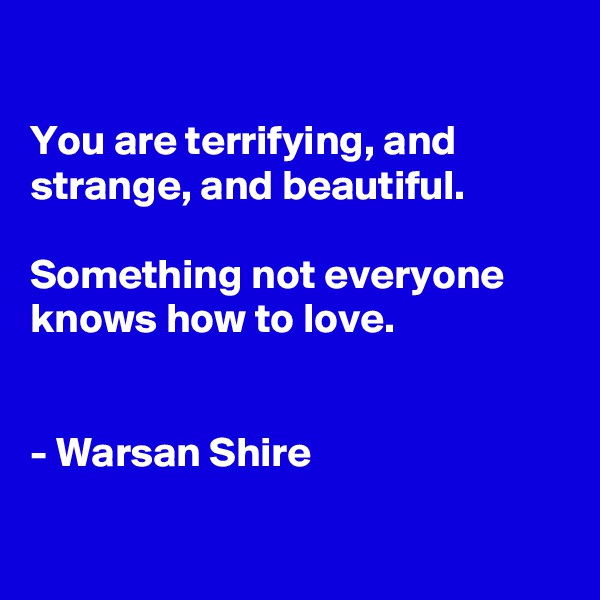 

You are terrifying, and strange, and beautiful.

Something not everyone knows how to love.


- Warsan Shire


