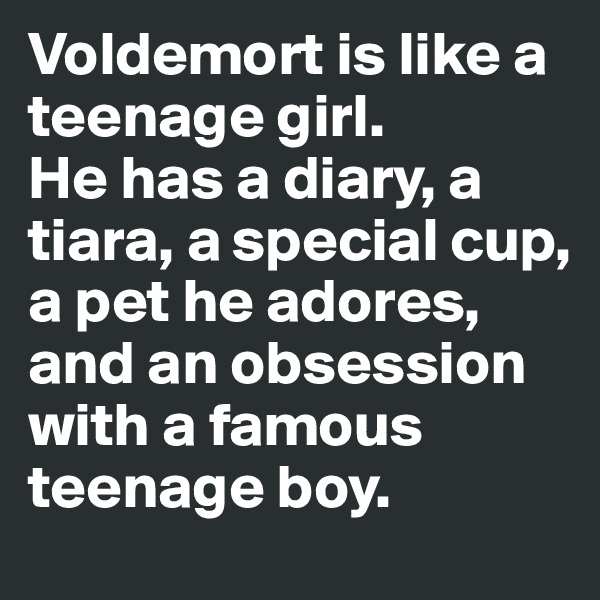 Voldemort is like a teenage girl.
He has a diary, a tiara, a special cup, a pet he adores, and an obsession with a famous teenage boy.