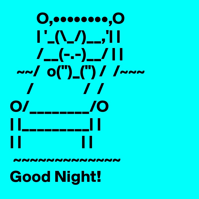         O,••••••••,O
        | '_(\_/)__,'| |
        /__(-.-)__/ | |
  ~~/  o(")_(") /  /~~~
     /               /  /
O/________/O
| |_________| |
| |                  | |
 ~~~~~~~~~~~~~
Good Night!