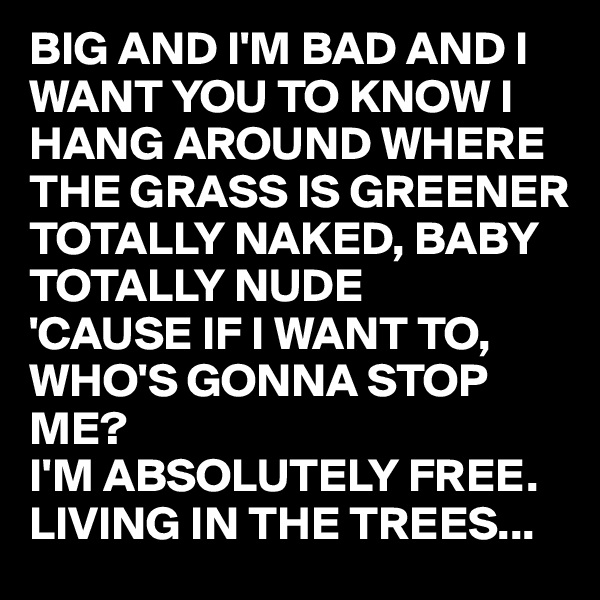 BIG AND I'M BAD AND I WANT YOU TO KNOW I HANG AROUND WHERE THE GRASS IS GREENER TOTALLY NAKED, BABY TOTALLY NUDE 
'CAUSE IF I WANT TO, WHO'S GONNA STOP ME?
I'M ABSOLUTELY FREE.                LIVING IN THE TREES...