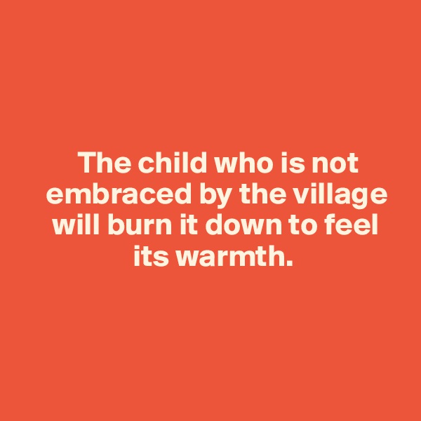 



         The child who is not 
    embraced by the village 
     will burn it down to feel 
                  its warmth.



